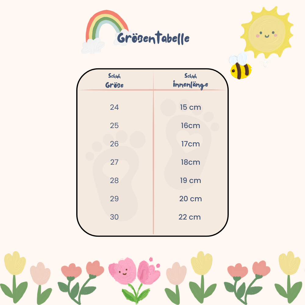 Größentabelle für Sommer-Kinderschuhe & Kinder-Hausschuhe – Fußlänge 15–22 cm, Größen 24–31 für Jungen und Mädchen.